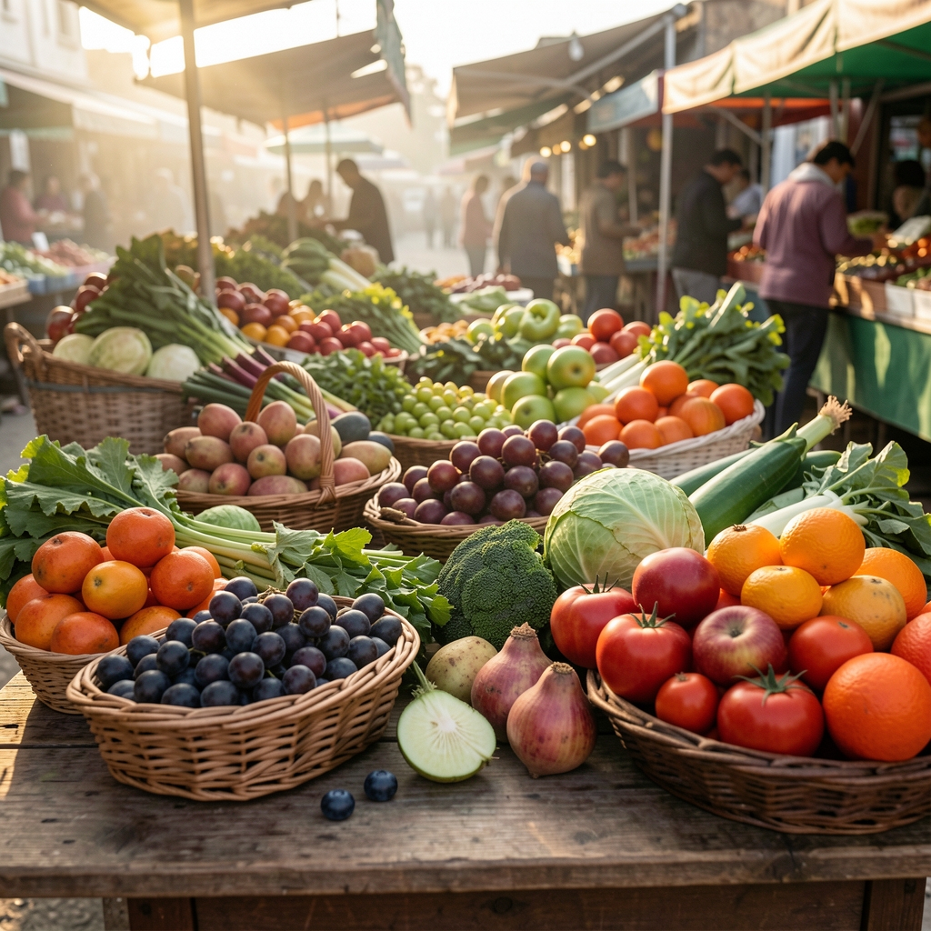 Market produce, early morning, seasonal selection on wooden surface